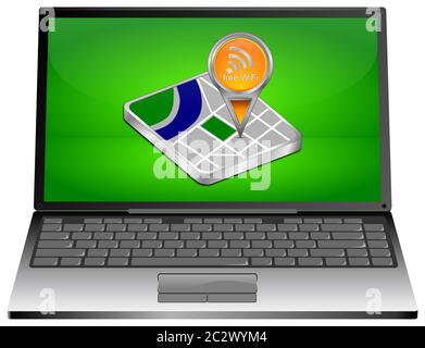 Laptop-Computer mit orangefarbenem Kartenzeiger mit kostenlosem WiFi-Symbol auf grünem Desktop - 3D-Illustration Stockfoto