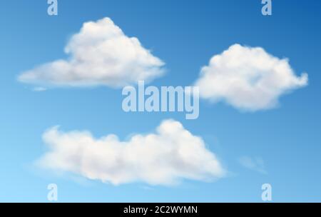 Weiße Wolken am blauen Himmel. Vektor realistisch flauschige verschiedene Formen Wolken in sauberen Himmel im Sommer oder Frühling Tag. Sonniges klares Wetter Stock Vektor