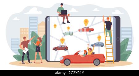 Car Sharing Mobile Service für die Zusammenarbeit der Menschen Stock Vektor