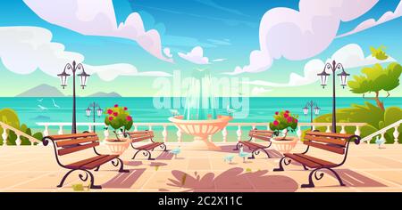 Sommer-Strandpromenade mit Brunnen, Bänken und Vintage Zaun. Vektor Cartoon Meereslandschaft mit Kai, leere Meer Promenade mit dekorativen Bäumen, Straße Stock Vektor