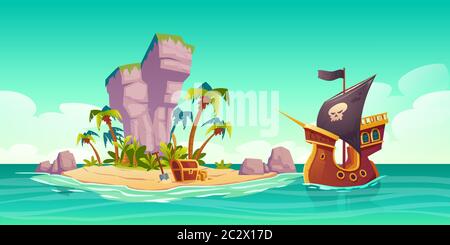 Tropische Insel mit Schatzkiste und Piratenschiff im Ozean. Vektor-Cartoon-Illustration der Meereslandschaft mit Holzschiff mit Totenkopf auf schwarzen Segeln, Stock Vektor