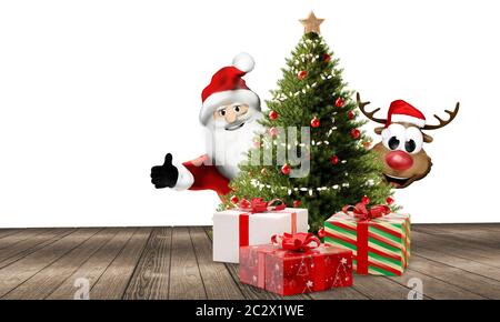 Weihnachtsmann und ein nettes Rentier hinter einem Baum mit Weihnachtsgeschenke 3d-Illustration Stockfoto