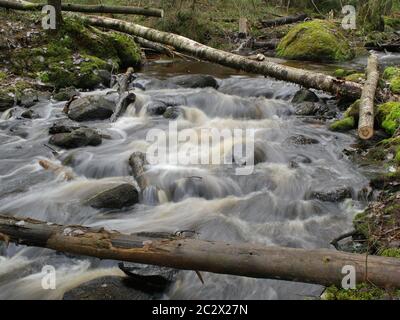 Umgestürzte Bäume über ein schnelles Stream lange Belichtung Stockfoto