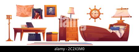 Piraten Baby Zimmer Interieur Set, thematische Möbel und Zubehör Schiff Bett mit Segel, Lenkrad Uhr, Schatzkarte, fröhliche roger Scull Bild, t Stock Vektor