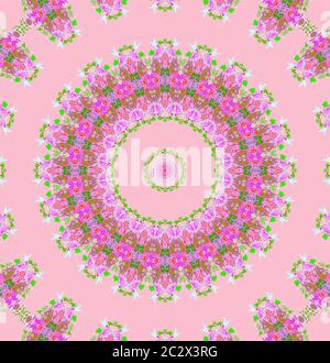 Abstrakt rund floral Ornament violett lila leuchtend grün weiß auf rosa Stockfoto