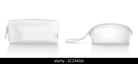Weiße Kosmetiktasche mit Reißverschluss für Make-up und Beauty-Tools. Vektor realistische Mockup von leerem Stoff Beutel mit Reißverschluss für Toilettenartikel, Seife und Körperpflege PR Stock Vektor