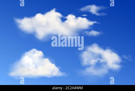 Weiße Wolken am blauen Himmel. Vektor realistisch flauschige verschiedene Formen Wolken in sauberen Himmel im Sommer oder Frühling Tag. Sonniges klares Wetter Stock Vektor