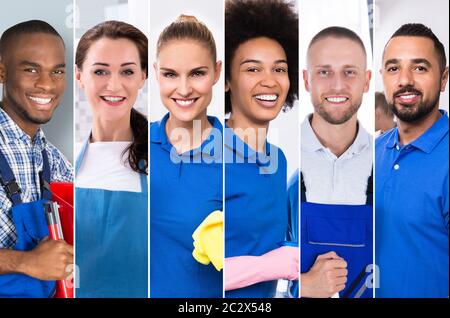 Collage von Professionelle Reinigungsmittel. Vielfältige Gruppe von Menschen Portraits Stockfoto