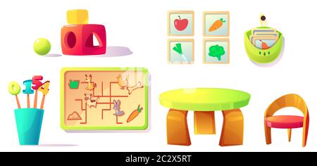 Montessori Kindergarten Ausrüstung und Spielzeug für Spielzimmer, Grundschule Klasse. Holzmöbel Tisch, Stuhl, Lehrmaterial Sortierer, Ziffern und Stock Vektor