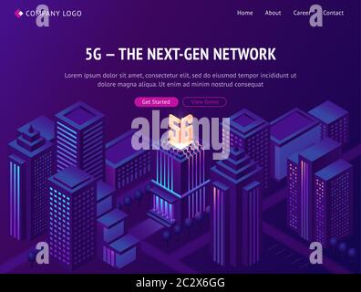 isometrische Landing Page des 5g Next Gen-Netzwerks. Smart City mit drahtloser Mobilfunktechnologie, Mobilfunkdienst der neuen Generation. Smartphone-Inte Stock Vektor