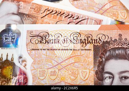 Nahaufnahme auf Bank of England 10 Pfund Banknote. Stockfoto