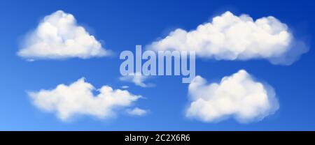 Weiße Wolken am blauen Himmel. Vektor realistisch flauschige verschiedene Formen Wolken in sauberen Himmel im Sommer oder Frühling Tag. Sonniges klares Wetter Stock Vektor