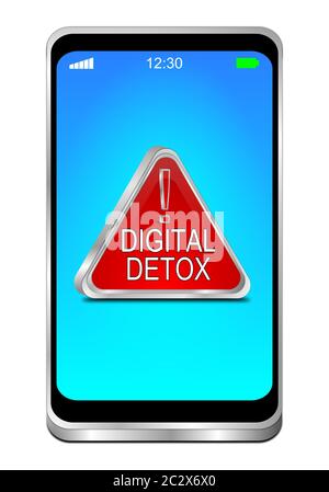 Smartphone mit roter Digital Detox-Taste auf blauem Display - 3D-Abbildung Stockfoto