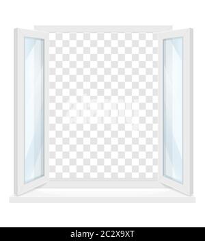 Weißes transparentes Kunststofffenster mit Fensterbank Vektor-Illustration isoliert auf Hintergrund Stockfoto