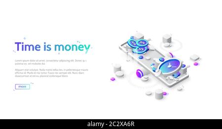 Zeit- und Geldausgleich nach Maß. Zeit ist Geld Geschäftskonzept. Vektor Landing Page von Vergleichsarbeit und Wert, finanzieller Gewinn. Isometrische Symbole o Stock Vektor
