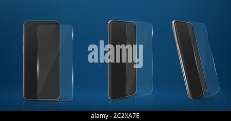 Smartphone mit Glas Displayschutzfolie, Handy mit transparenter Kunststoff Schutzfolie gegen Beschädigungen und Kratzer, Abdeckung für Telefon, Shie Stock Vektor