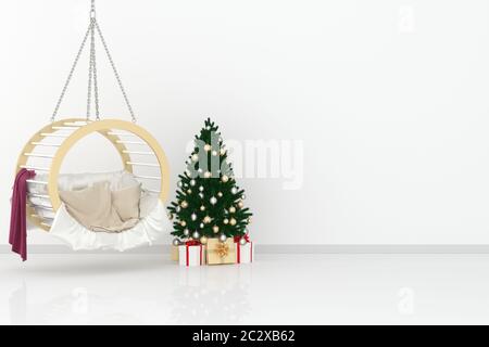 Mock up Wohnzimmer, mit Hängesessel, Weihnachtsbaum, Kissen und Weihnachtsgeschenk. Reinigen Sie die weiße Wand im Hintergrund. Stockfoto