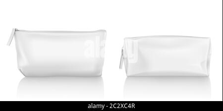 Weiße Kosmetiktasche mit Reißverschluss für Make-up und Beauty-Tools. Vektor realistische Mockup von leerem Stoff Beutel mit Reißverschluss für Toilettenartikel, Seife und Körperpflege PR Stock Vektor