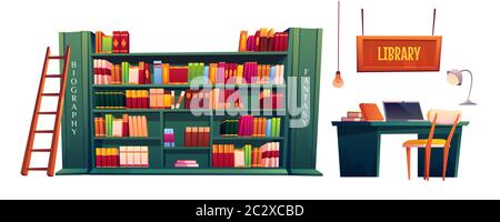 Bibliothek mit Büchern in den Regalen und Laptop auf dem Tisch. Vektor-Cartoon-Illustration der Schule, Universität oder öffentliche Bibliothek oder Geschäft mit Bücherregal, Schreibtisch fo Stock Vektor