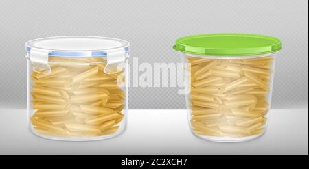 Pasta in durchsichtiger Verpackung Box durch Deckel geschlossen. Vector realistische Mockup von Penne Macaroni in Kunststoff-Behälter, Küche Eimer für trockene Produkte isoliert auf Stock Vektor