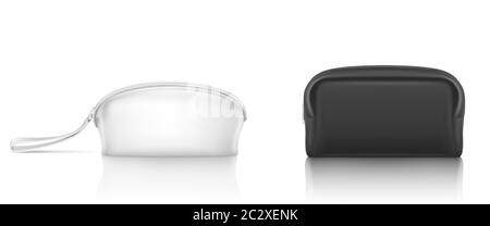 Weiße, schwarze Kosmetiktasche mit Reißverschluss für Make-up und Beauty-Tools. Vektor realistische Mockup von leerem Stoff Beutel mit Reißverschluss für Toilettenartikel, Seife und Körper Stock Vektor