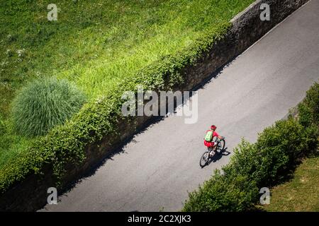 Der Radfahrer fährt mit dem Mountainbike mit voller Federung entlang einer Asphaltstraße entlang der grünen Plantagen hinauf. In Samt gekleidet Stockfoto