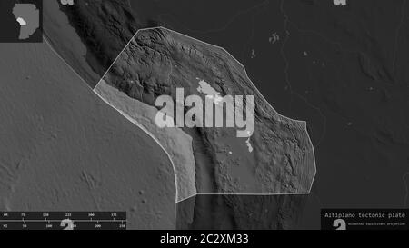 Altiplano-Plattenform, umrissen auf einem abgedunkelten und entsätteten Hintergrund der Bilevel-Karte mit informativen Überlagerungen. 3D-Rendering Stockfoto