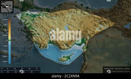 Anatolische Plattenform, umrissen auf einem abgedunkelten und entsätteten Hintergrund der physischen Karte mit informativen Überlagerungen. 3D-Rendering Stockfoto