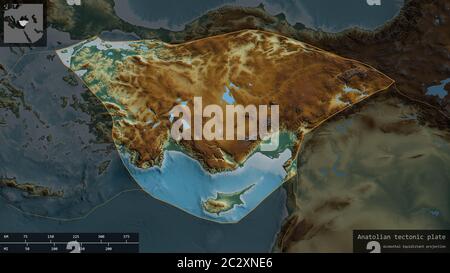 Anatolische Plattenform, umrissen auf einem abgedunkelten und entsätteten Hintergrund der Reliefkarte mit informativen Überlagerungen. 3D-Rendering Stockfoto