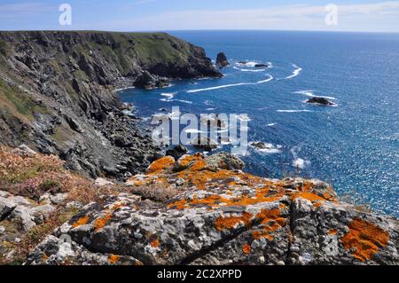 Bröckelnde Klippen über einem ruhigen blauen Meer an der Küste der Halbinsel Lizard, von Flechten bedeckten Granitfelsen aus gesehen.Cornwall, England, UK Stockfoto