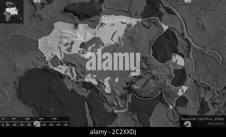 Eurasische Plattenform, umrissen auf einem abgedunkelten und entsätteten Hintergrund der Bilevel-Karte mit informativen Überlagerungen. 3D-Rendering Stockfoto