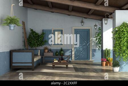 Terrasse im mediterranen Stil mit Tür, vintage Sofa und alte Mauern - 3D-Rendering Stockfoto