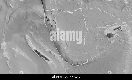 Umriss der Tektonischen Platte New Hebrides mit den Rändern der umliegenden Platten vor dem Hintergrund einer Graustufenkarte. 3D-Rendering Stockfoto