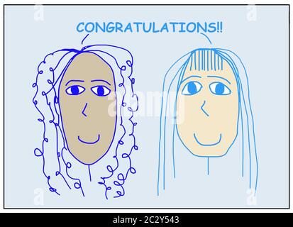 Farbe Cartoon von zwei lächelnden, schönen und ethnisch verschiedenen Frauen Ausrufen von Glückwünschen! Stockfoto