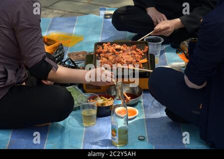 Pjöngjang, Nordkorea - 1. Mai 2019: Leute, die Spaß im Freien beim bbq Picknick mit Snacks, Essen und Trinken haben. Die Einheimischen genießen gemeinsam den Frühling Stockfoto