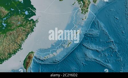 Umriss der Okinawa Tektonik mit den Rändern der umgebenden Platten vor dem Hintergrund einer physikalischen Karte. 3D-Rendering Stockfoto