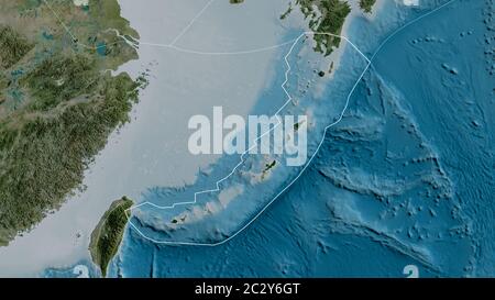 Umriss der Okinawa Tektonik mit den Rändern der umliegenden Platten vor dem Hintergrund einer Satellitenkarte. 3D-Rendering Stockfoto