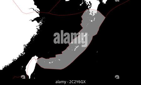 Form der Okinawa Tektonik Platte mit Rändern der umliegenden Platten vor dem Hintergrund einer weißen Maske von Kontinenten und Inseln. 3D-Rendering Stockfoto