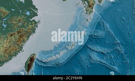 Umriss der Okinawa Tektonik mit den Rändern der umliegenden Platten vor dem Hintergrund einer Reliefkarte. 3D-Rendering Stockfoto