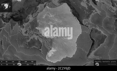 Pacific-Plattenform, umrandet auf einem abgedunkelten und entsätteten Hintergrund der Graustufenkarte mit informativen Überlagerungen. 3D-Rendering Stockfoto