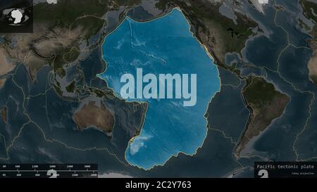 Pacific Plate Form umrandet auf einem abgedunkelten und entsätteten Hintergrund der Satellitenkarte mit informativen Überlagerungen. 3D-Rendering Stockfoto