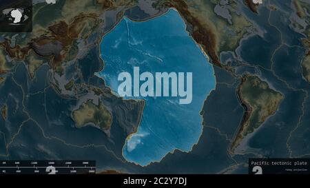 Pacific-Plattenform auf einem abgedunkelten und entsätteten Hintergrund der Reliefkarte mit informativen Überlagerungen umrissen. 3D-Rendering Stockfoto
