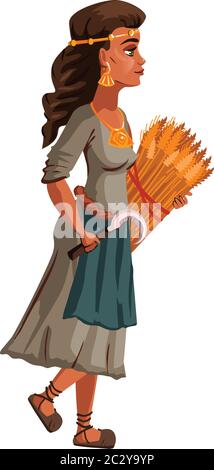 Bauernfrau mit Sichel und Garbe von Stacheletts in den Händen, Cartoon-Vektor-Illustration. Weibliche Figur in Vintage-Kleidung und Schuhe isoliert auf whit Stock Vektor