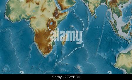 Umriss der somalischen tektonischen Platte mit den Rändern der umliegenden Platten vor dem Hintergrund einer Reliefkarte. 3D-Rendering Stockfoto
