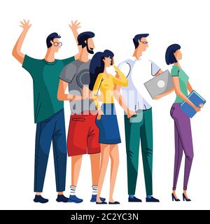 Gruppe von Menschen, Männer und Frauen, frohlockende Büroangestellte stehen zusammen, glücklicher Mann warf seine Hände. Abbildung isoliert auf weißem Hintergrund Stock Vektor
