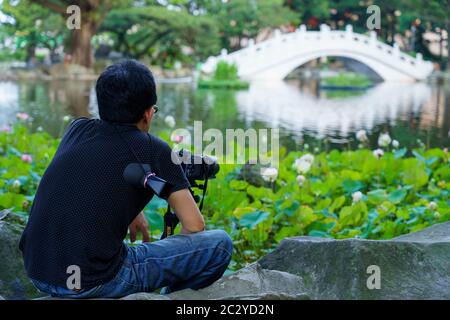 Ein Asiat, der mit einer dslr-Kamera ein Foto eines Lotusteisches mit einer weißen chinesischen Brücke in einem grünen Park gemacht hat Stockfoto