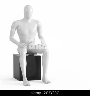 Eine weiße gesichtslose Schaufensterpuppe sitzt auf einer schwarzen Box. 3D-Rendering aus schwarzem und weißem Kunststoff Stockfoto