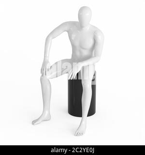 Eine weiße gesichtslose Schaufensterpuppe sitzt auf einem schwarzen Zylinder. 3D-Rendering aus schwarzem und weißem Kunststoff Stockfoto