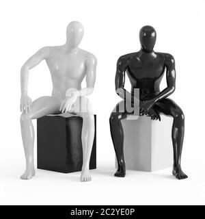 Zwei Mannequins ohne Gesichter sitzen auf einer schwarz-weißen Box. 3D-Rendering aus schwarzem und weißem Kunststoff Stockfoto