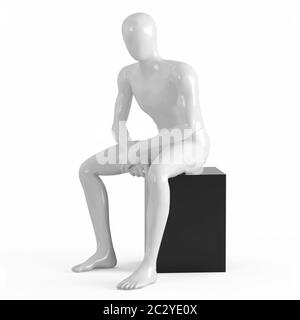 Eine weiße gesichtslose Schaufensterpuppe sitzt auf einer schwarzen Box. 3D-Rendering aus schwarzem und weißem Kunststoff Stockfoto